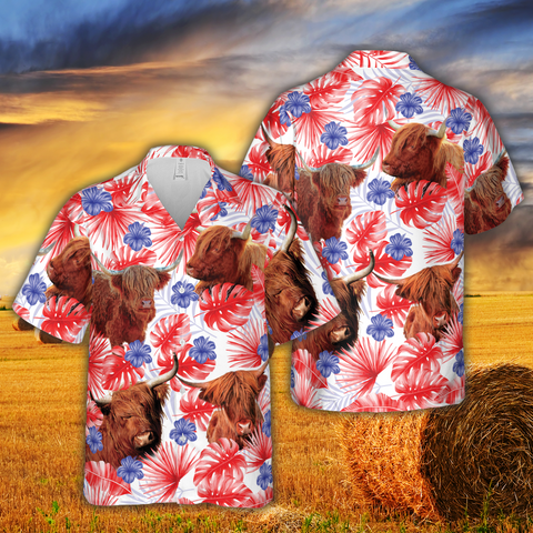 Joycorners American Colors Highland Cattle All Printed 3D Hawaiian Shirt