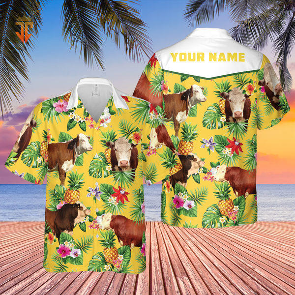 Joycorners Personalized Name Hereford Cattle Pineapples All Over Printed 3D Hawaiian Shirt