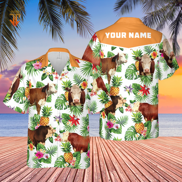 Joycorners Personalized Name Hereford Cattle Pineapples All Over Printed 3D Hawaiian Shirt