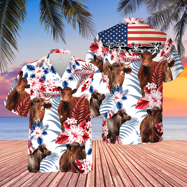 Joycorners Shorthorn Cattle American Flag All Over Printed 3D Hawaiian Shirt