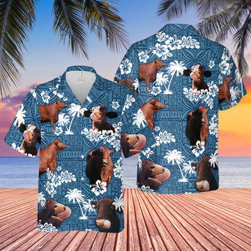 Joycorners SANTA GERTRUDIS CATTLE Blue Tribal All Over Printed 3D Hawaiian Shirt