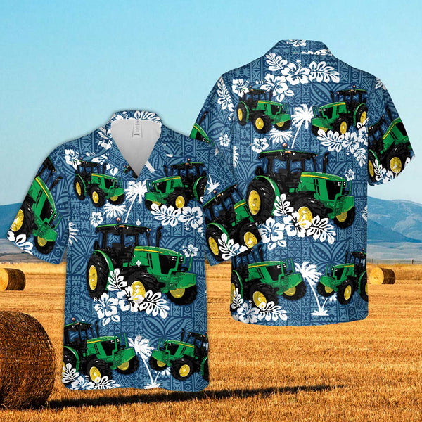Joycorners Tractors Tropical Leaves Blue All Over Printed 3D Hawaiian Shirt