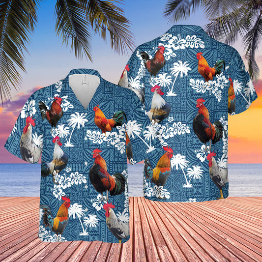 Joycorners ROOSTER Blue Tribal All Over Printed 3D Hawaiian Shirt