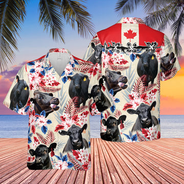 Joycorners Black Angus Canada Flag Hawaiian Flowers All Over Printed 3D Hawaiian Shirt