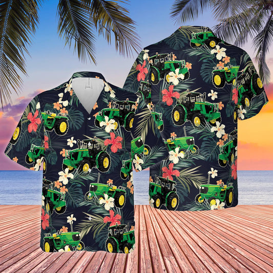 Joycorners Tractors Tropical Plants Dark Blue All Over Printed 3D Hawaiian Shirt