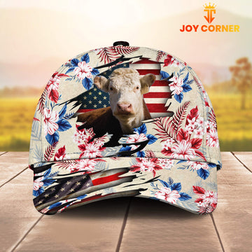 Joycorners Hereford American Flag Flowers Pattern Cap