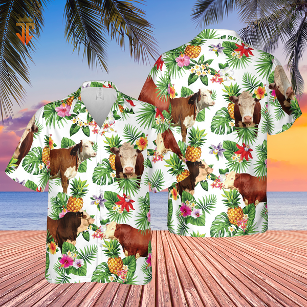 Joycorners Personalized Name Hereford Cattle Pineapples All Over Printed 3D Hawaiian Shirt