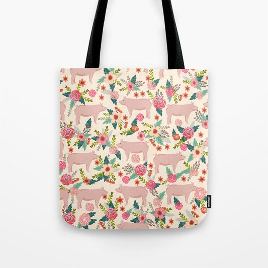 Joycorners Pig Floral Pattern Light Yellow All Over Printed 3D Tote Bag