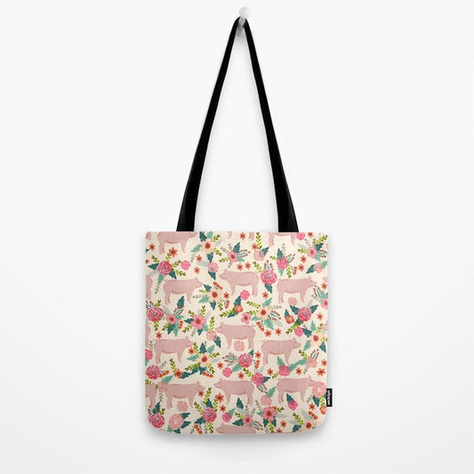 Joycorners Pig Floral Pattern Light Yellow All Over Printed 3D Tote Bag