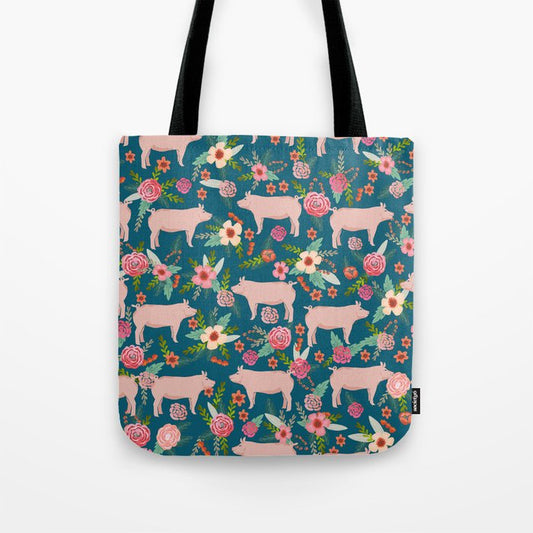 Joycorners Pig Floral Pattern Cyan All Over Printed 3D Tote Bag