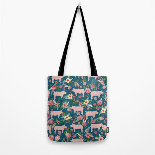 Joycorners Pig Floral Pattern Cyan All Over Printed 3D Tote Bag