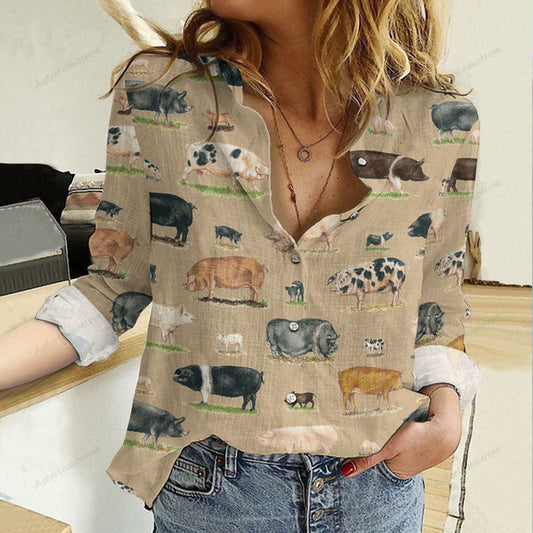 Joycorners Cotton And Linen Brown Farm Animal Pig All Over Printed 3D Casual Shirt