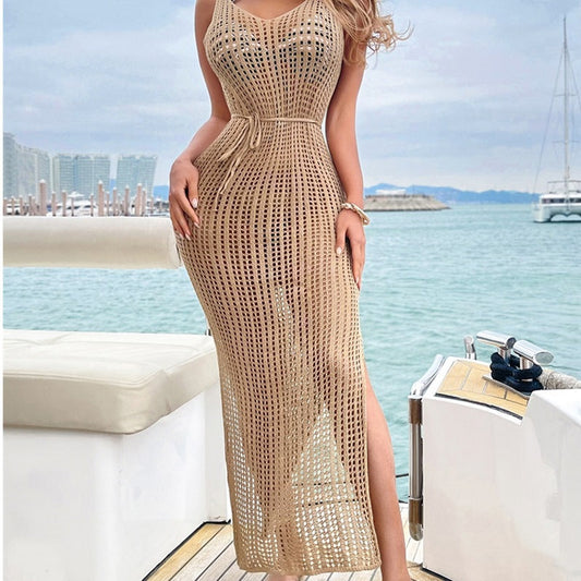 Knitted Kaftan Sexy Backless Vestidos Hollow Out Long Beachwear Cover Up