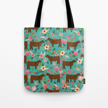 Joycorners Red Angus cattle Floral Pattern Cyan All Over Printed 3D Tote Bag