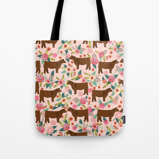 Joycorners Red Angus cattle Floral Pattern All Over Printed 3D Tote Bag