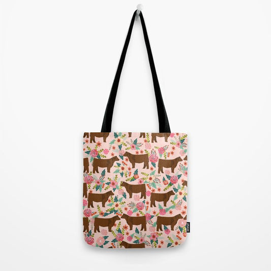 Joycorners Red Angus cattle Floral Pattern All Over Printed 3D Tote Bag