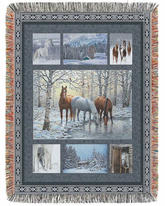 Joycorners Horses in Snow Forest All Over Printed 3D Woven Blanket