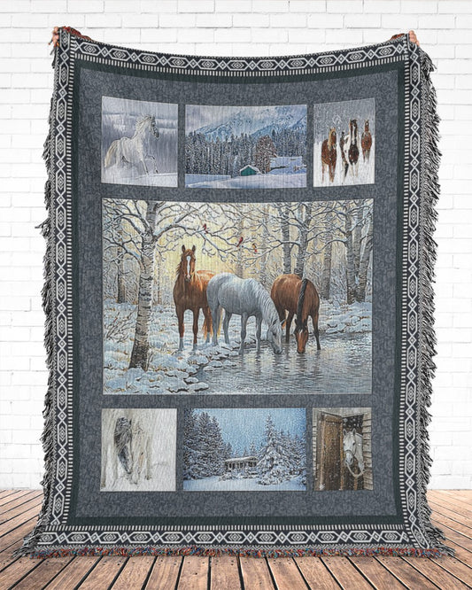 Joycorners Horses in Snow Forest All Over Printed 3D Woven Blanket