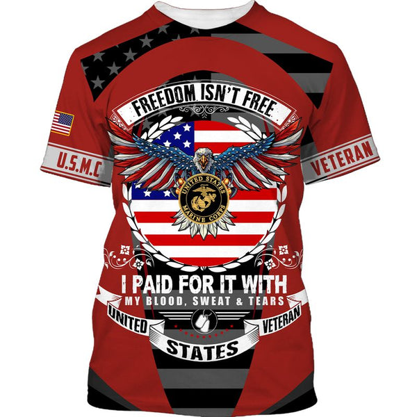 Joycorners U.S.M.C Veteran Freedom Isn't Free I Paid For It USMC Logo Red All Over Printed 3D Shirts