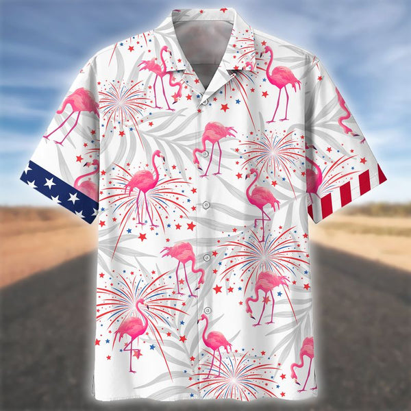 Joycorners Happy Independence Day Flamingo Firework All Printed 3D Hawaiian Shirt