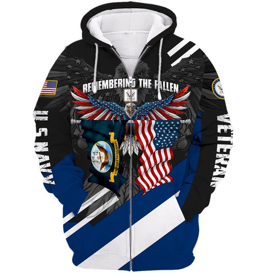 Joycorners United States Veteran U.S Navy Remembering The Fallen Eagle With U.S Flag Wings Blue All Over Printed 3D Shirts