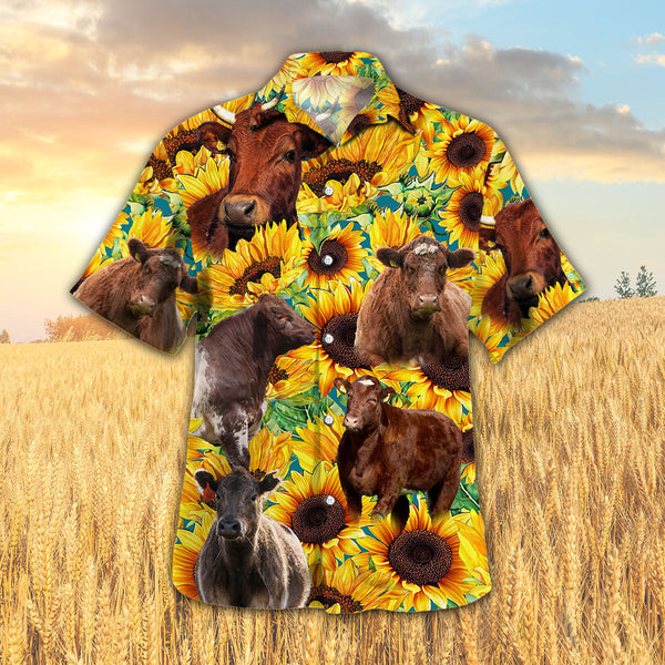 Joycorners Sunflower Shorthorn Cattle All Printed 3D Hawaiian Shirt