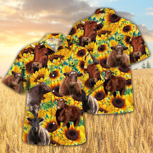 Joycorners Sunflower Shorthorn Cattle All Printed 3D Hawaiian Shirt