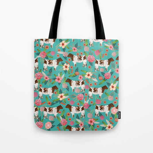 Joycorners Shorthorn cattle Floral Pattern Cyan All Over Printed 3D Tote Bag