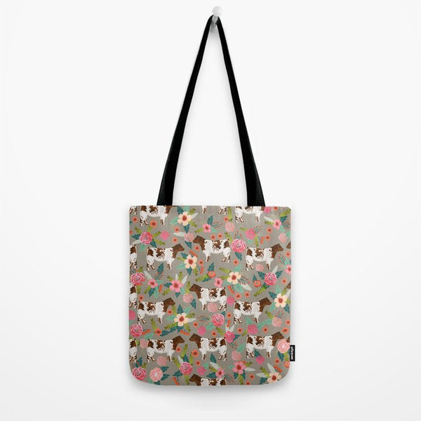 Joycorners Shorthorn cattle Floral Pattern gray All Over Printed 3D Tote Bag