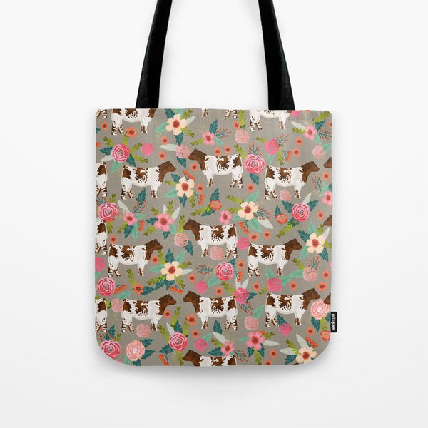 Joycorners Shorthorn cattle Floral Pattern gray All Over Printed 3D Tote Bag