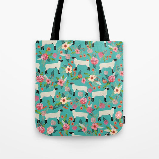 Joycorners Sheep Floral Pattern Cyan All Over Printed 3D Tote Bag