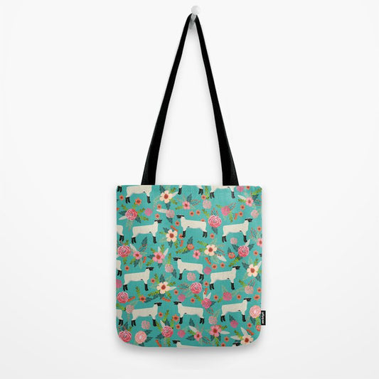 Joycorners Sheep Floral Pattern Cyan All Over Printed 3D Tote Bag