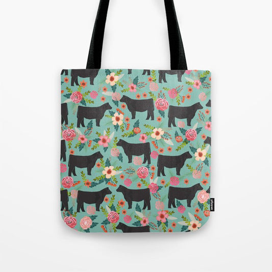 Joycorners Black Angus Floral Pattern Cyan All Over Printed 3D Tote Bag