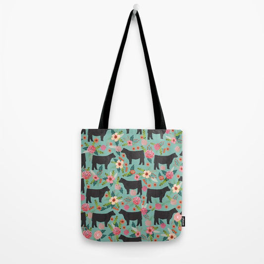 Joycorners Black Angus Floral Pattern Cyan All Over Printed 3D Tote Bag