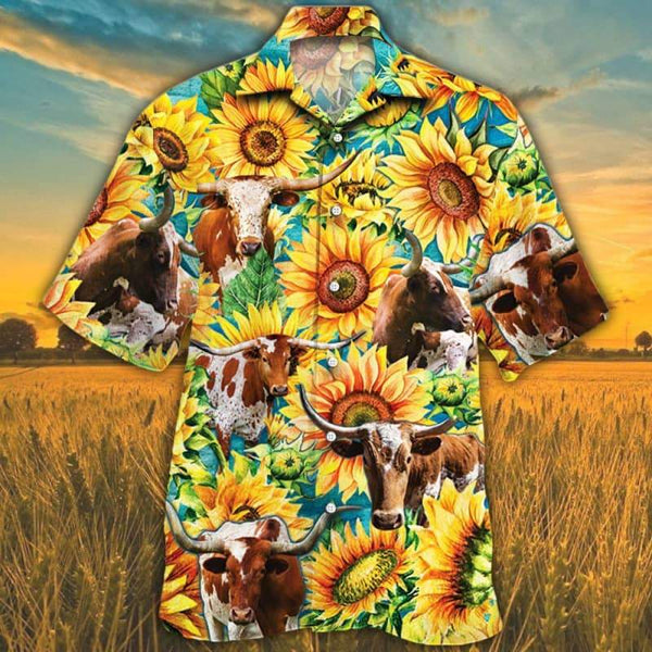 Joycorners Sunflower TX Longhorn Cattle All Printed 3D Hawaiian Shirt