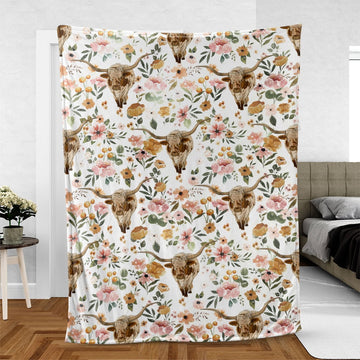 Joycorners Tx Longhorn Floral Pattern Blanket