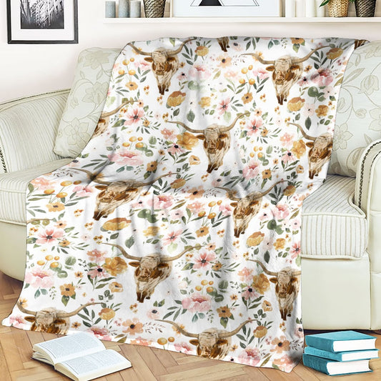 Joycorners Tx Longhorn Floral Pattern Blanket