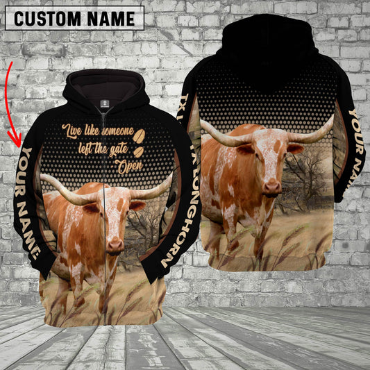 Joycorners Texas Longhorn Live Like Someone Left The Gate Open On The Meadow Custom Name Black Hoodie