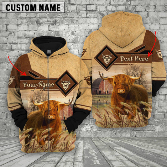 Joycorners Highland Cattle On Farms Custom Name Printed 3D Hoodie