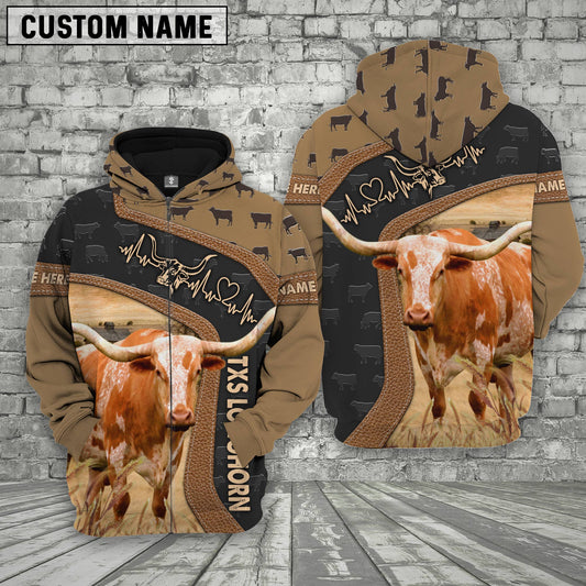 Joycorners Texas Longhorn Custom Name Heart Beat Hoodie