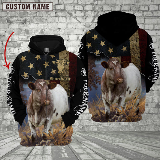 Joycorners Personalized Name Shorthorn Cattle US Flag All Over Printed 3D Hoodie