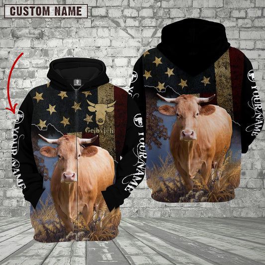 Joycorners Personalized Name Gelbvieh Cattle US Flag All Over Printed 3D Hoodie