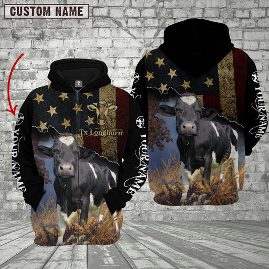 Joycorners Personalized Name Holstein Cattle US Flag All Over Printed 3D Hoodie