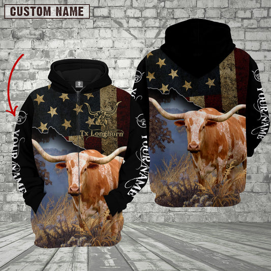Joycorners Personalized Name Texas Longhorn Cattle US Flag All Over Printed 3D Hoodie