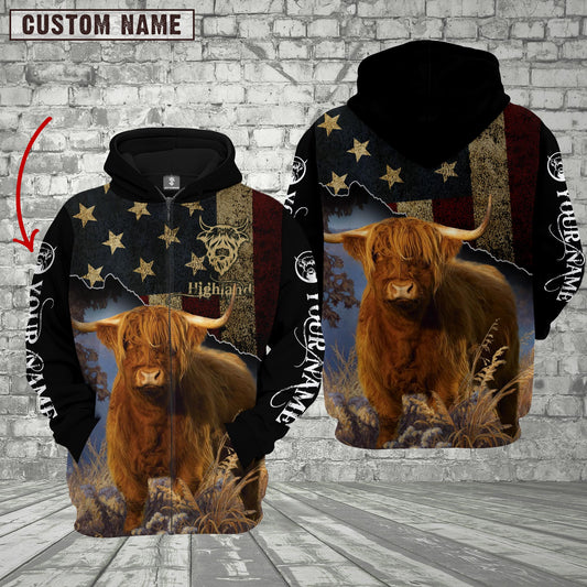 Joycorners Personalized Name Highland Cattle US Flag All Over Printed 3D Hoodie