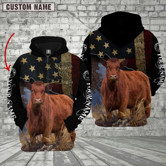 Joycorners Personalized Name Red Angus Cattle US Flag All Over Printed 3D Hoodie