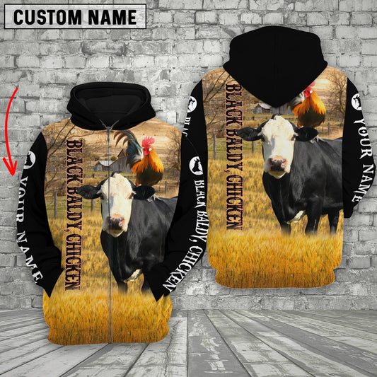 Joycorners Personalized Name Black Baldy and Chicken Cattle On The Farm All Over Printed 3D Hoodie