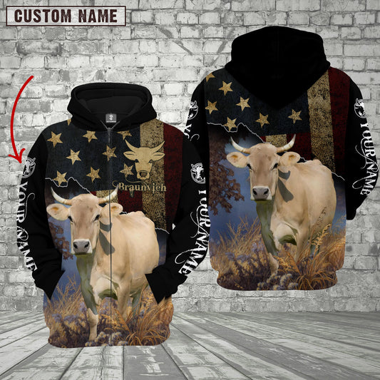 Joycorners Personalized Name Braunvieh Cattle US Flag All Over Printed 3D Hoodie