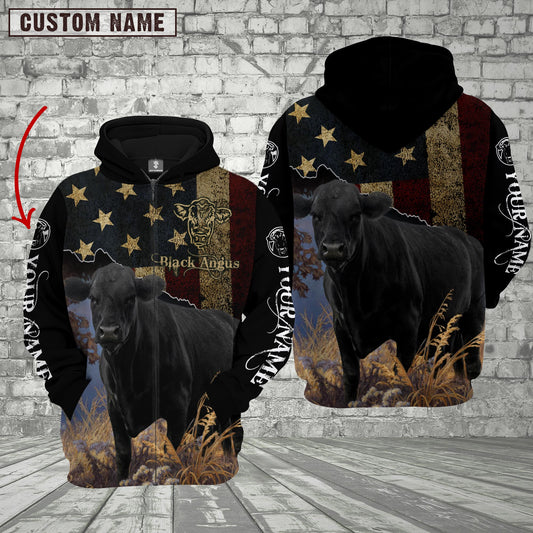 Joycorners Personalized Name Black Angus Cattle US Flag All Over Printed 3D Hoodie
