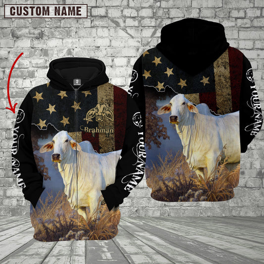Joycorners Personalized Name Brahman Cattle US Flag All Over Printed 3D Hoodie